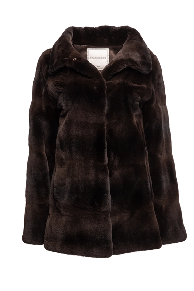 ML Furs  Hooded Espresso Plucked Mid-Length Mink Fur Coat