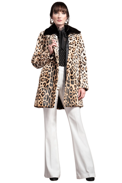 Funny Girl Leopard Print Mid Length Kidskin Fur Coat - Removeable Mink Wing Collar