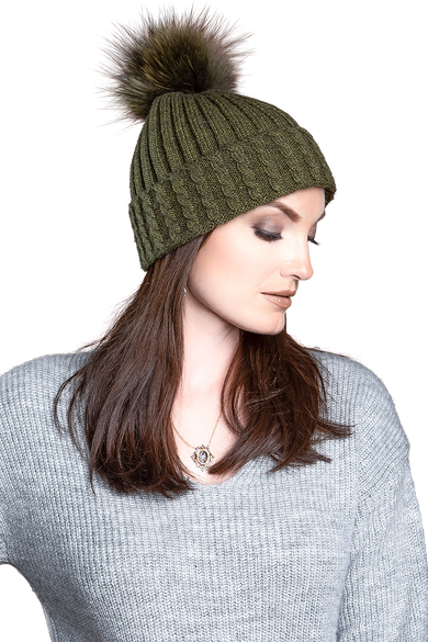Olive Green EM-EL Greta Wool Hat with Detachable Fox Fur Pompom
