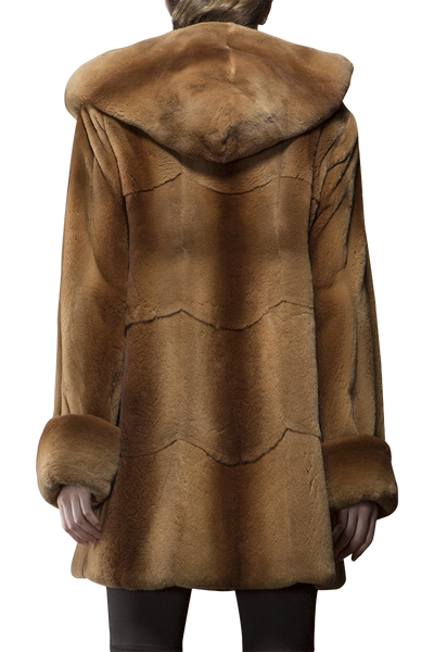 ML Furs  Hooded Espresso Plucked Mid-Length Mink Fur Coat