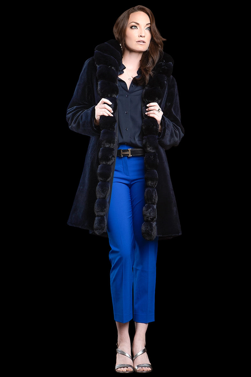 NavyBlue Reversible Sheared Fitted Mid Length Chinchilla and Mink Fur Coat