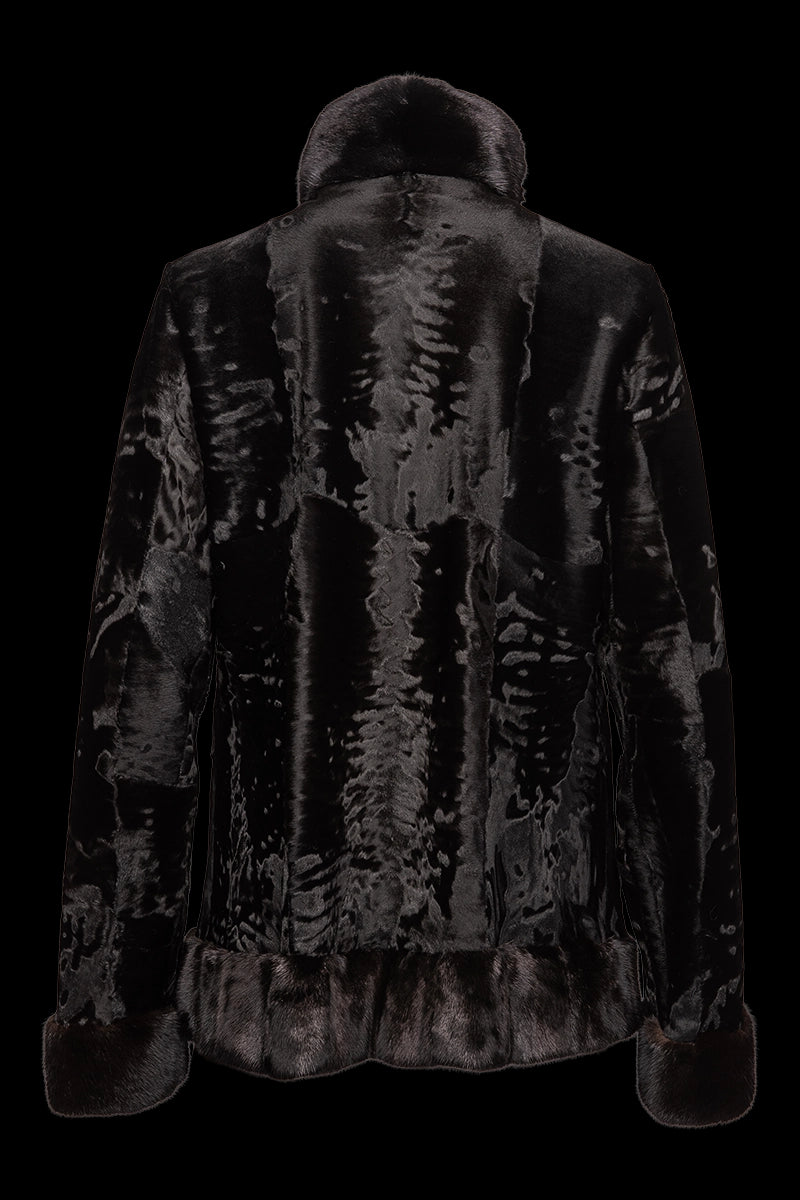 Black Russian Broadtail Fur Jacket - Black Star Mink Fur Details