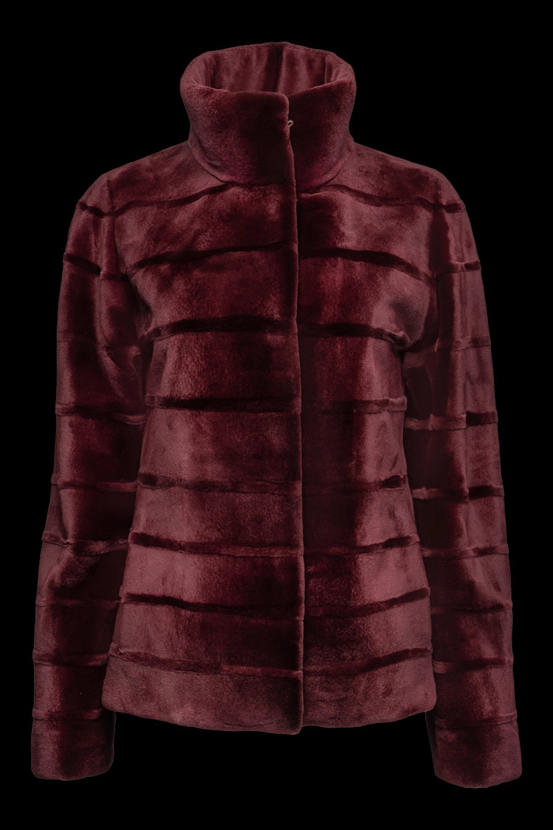 Burgundy EM-EL Women's Reversible Horizontal Striped Casual Sheared Mink Fur Jacket