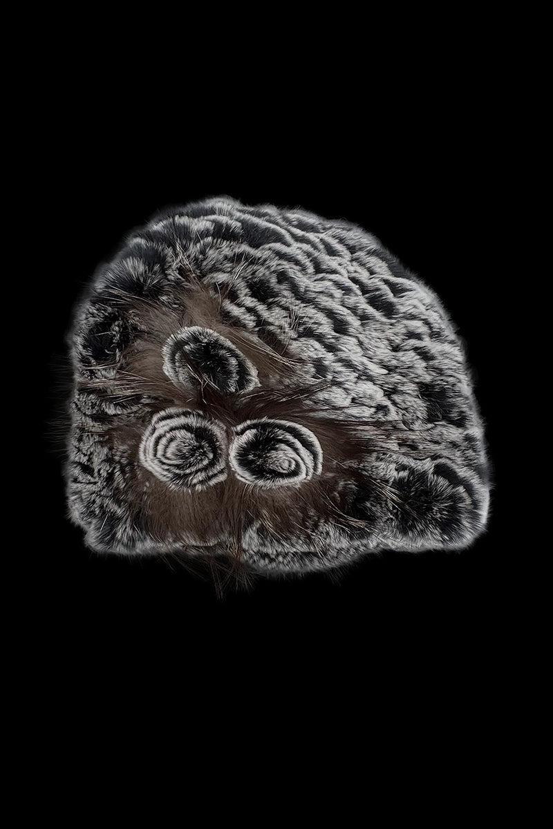 Gray EM-EL Knitted Rex Rabbit Fur Hat-Flower Detail