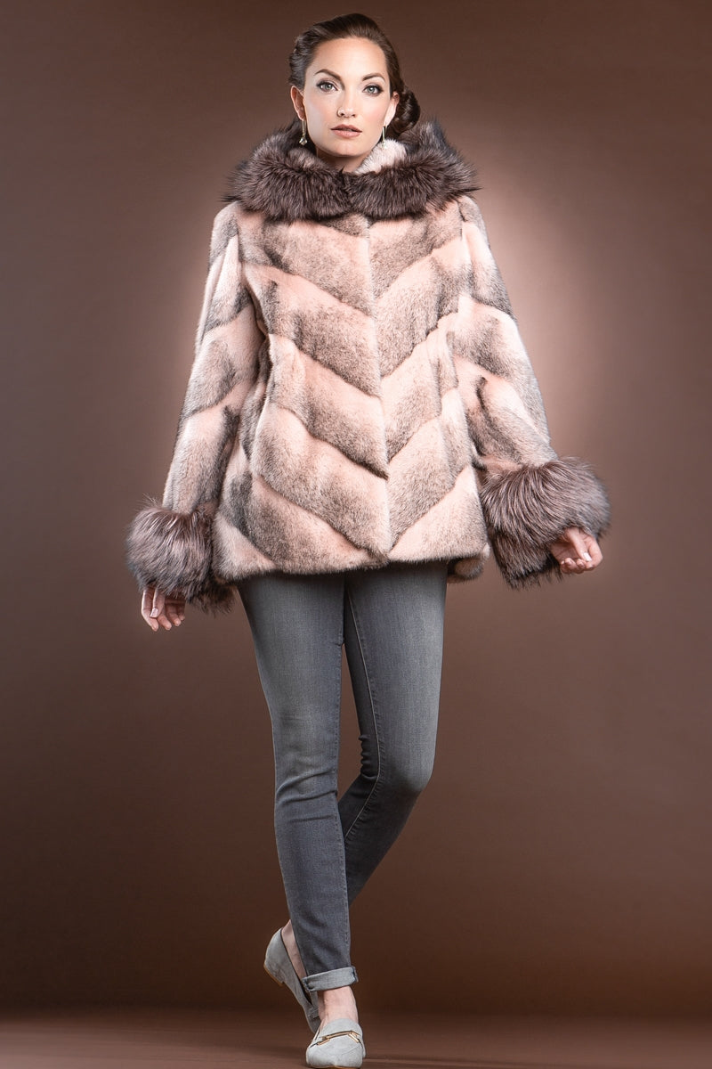 BabyPink Chalue Hooded Directional Chevron Mink Fur Jacket - Fox Fur Hood Trim and Cuffs