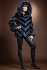 DenimBlue Hooded Directional Chevron Mink Fur Jacket - Fox Fur Hood Trim and Cuffs