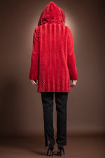 Red EM-EL Hooded Fox Fur Trimmed Grooved Mid Length Mink Fur Coat