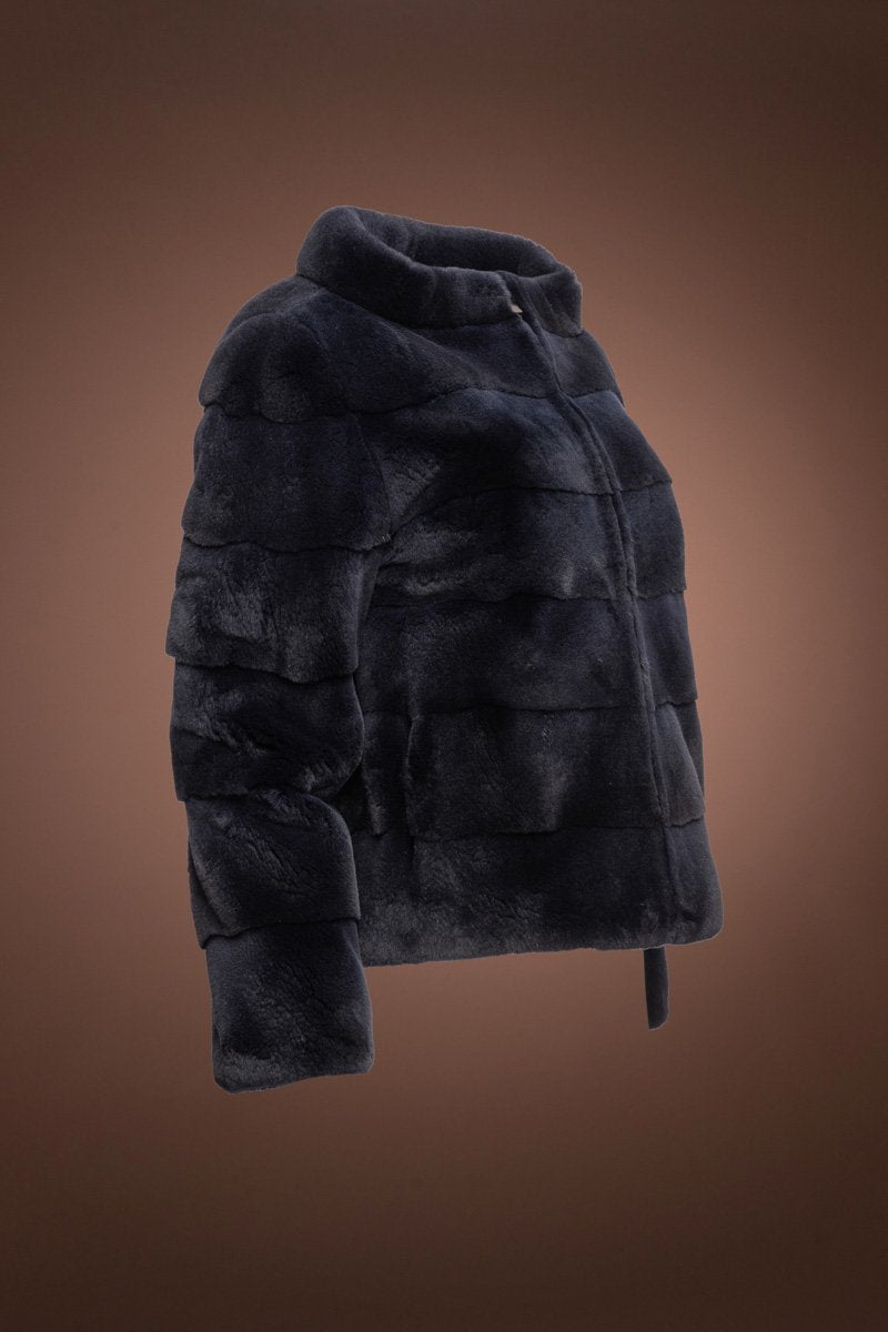 NavyBlue Pologeorgis Horizontal Zip - Up Plucked Mink Fur Jacket