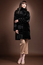 Black EM-EL Reversible Sheared & Long Haired Mink Diagonal Mid-Length Fur Coat