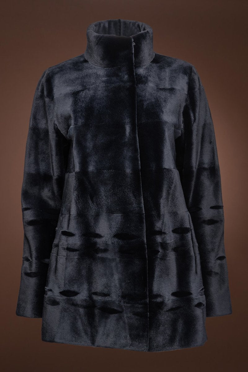 NavyBlue EM-EL Women's Ribbon Pattern Sheared Mink Fur Jacket