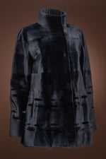 NavyBlue EM-EL Women's Ribbon Pattern Sheared Mink Fur Jacket