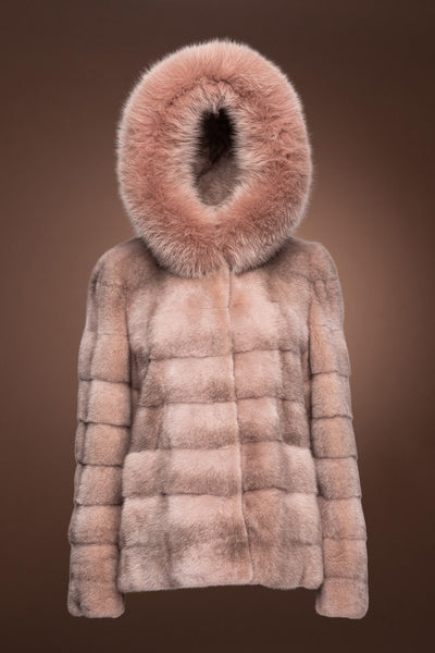 Horizontal Pink Cross Mink Fur Jacket - Pink Fox Fur Hood Trim