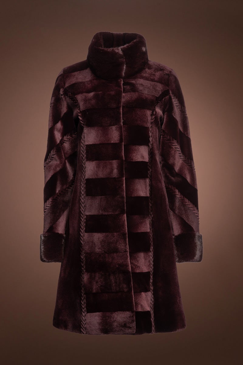 Burgundy Sheared & Long Haired Mink Mid-Length Fur Coat