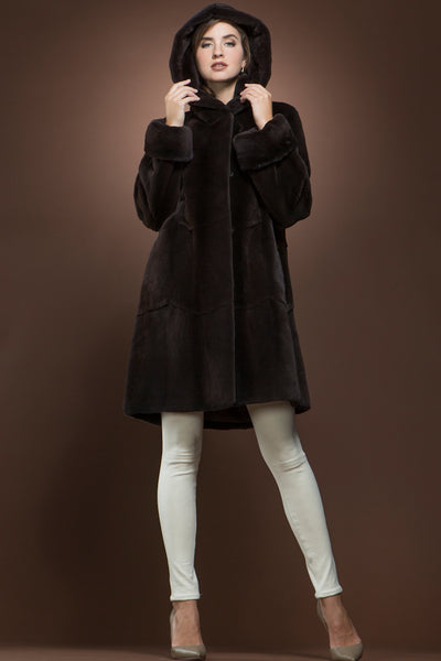 ML Furs  Hooded Espresso Plucked Mid-Length Mink Fur Coat