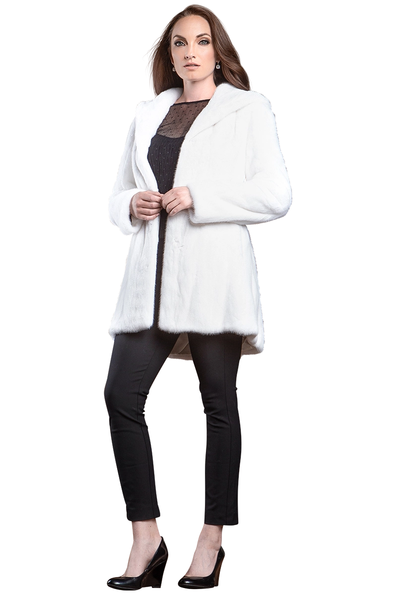 White EM-EL Hooded High-Low Mid-Length Swing Mink Fur Coat