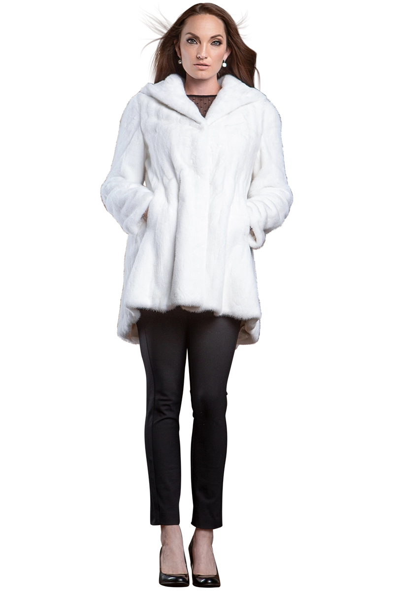 White EM-EL Hooded High-Low Mid-Length Swing Mink Fur Coat