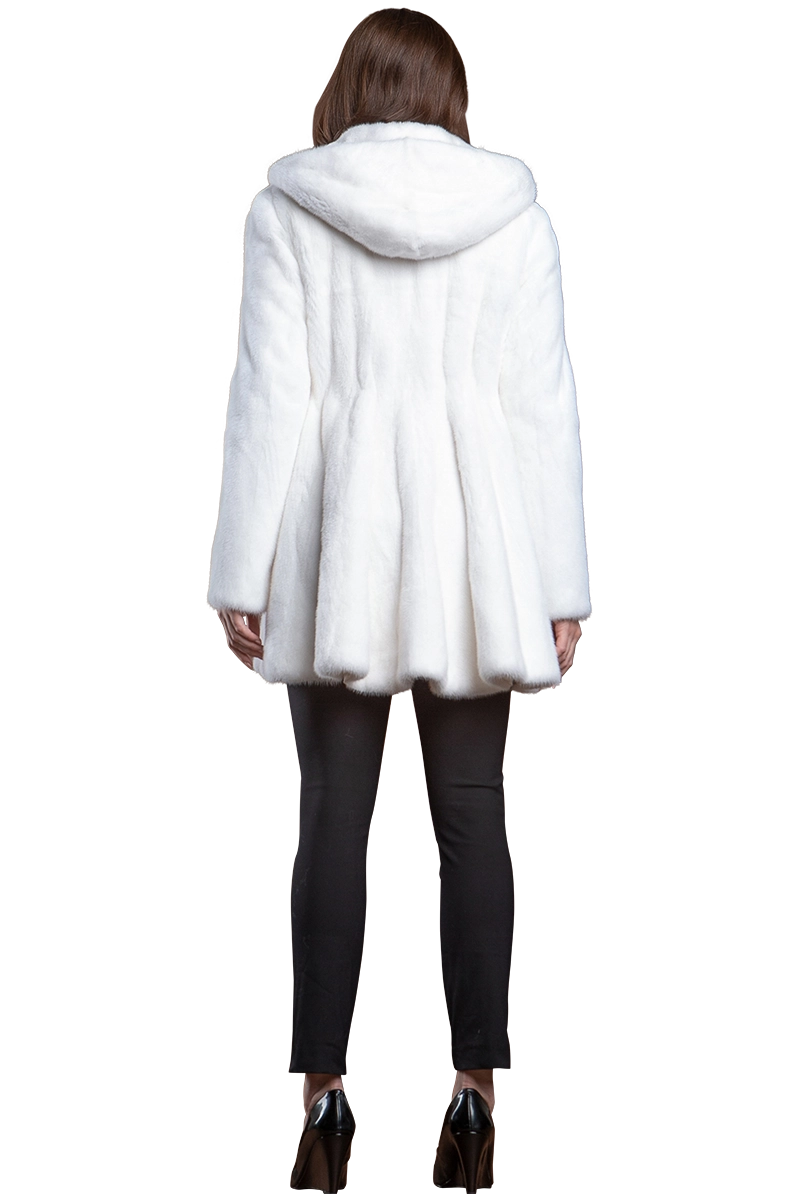 White EM-EL Hooded High-Low Mid-Length Swing Mink Fur Coat