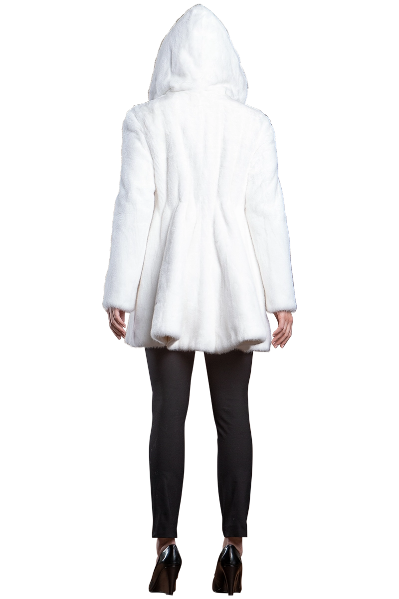 White EM-EL Hooded High-Low Mid-Length Swing Mink Fur Coat