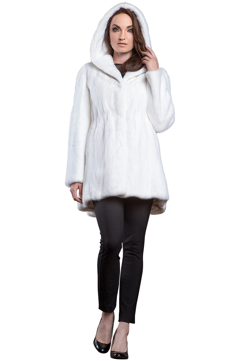 White EM-EL Hooded High-Low Mid-Length Swing Mink Fur Coat