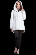 White EM-EL Hooded High-Low Mid-Length Swing Mink Fur Coat