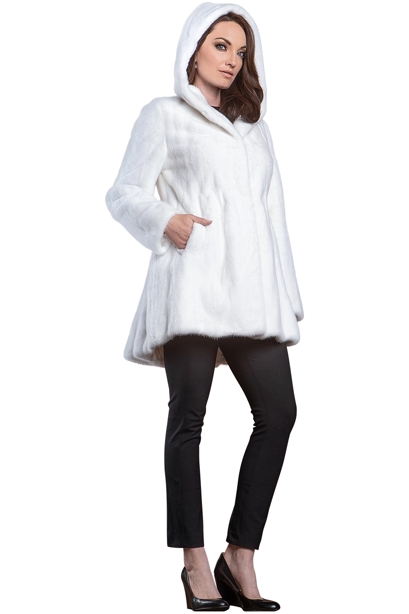 White EM-EL Hooded High-Low Mid-Length Swing Mink Fur Coat