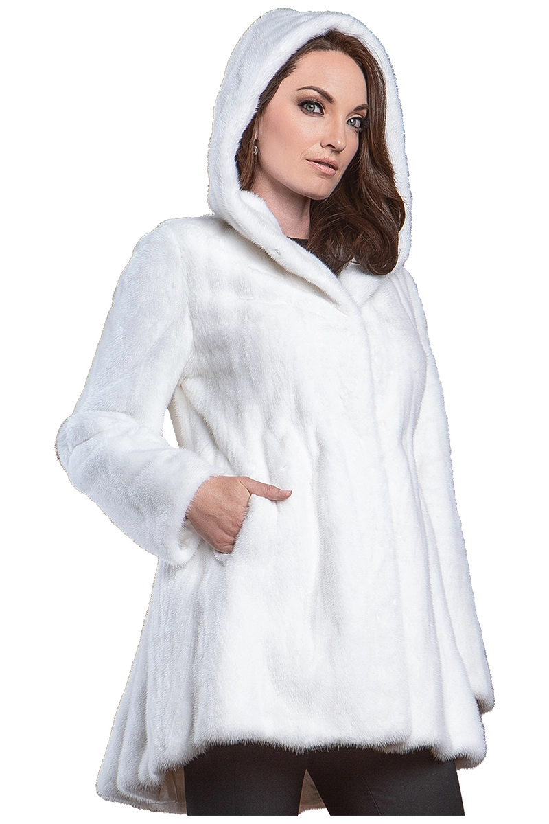 White EM-EL Hooded High-Low Mid-Length Swing Mink Fur Coat