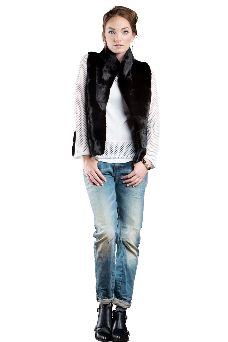 Black EM-EL Blackglama Horizontal Mink Fur Vest - Stand-Up Collar