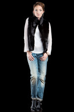 Black EM-EL Blackglama Horizontal Mink Fur Vest - Stand-Up Collar