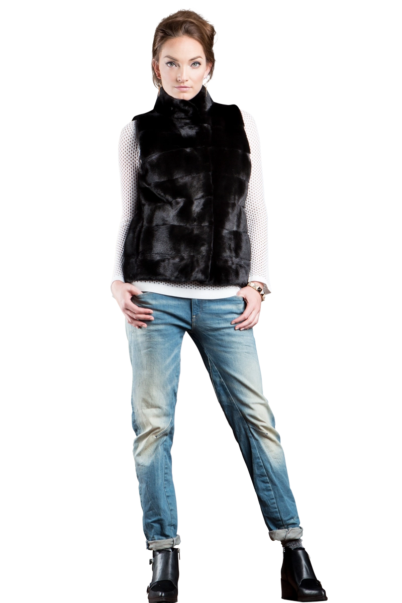 Black EM-EL Blackglama Horizontal Mink Fur Vest - Stand-Up Collar