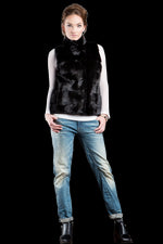 Black EM-EL Blackglama Horizontal Mink Fur Vest - Stand-Up Collar