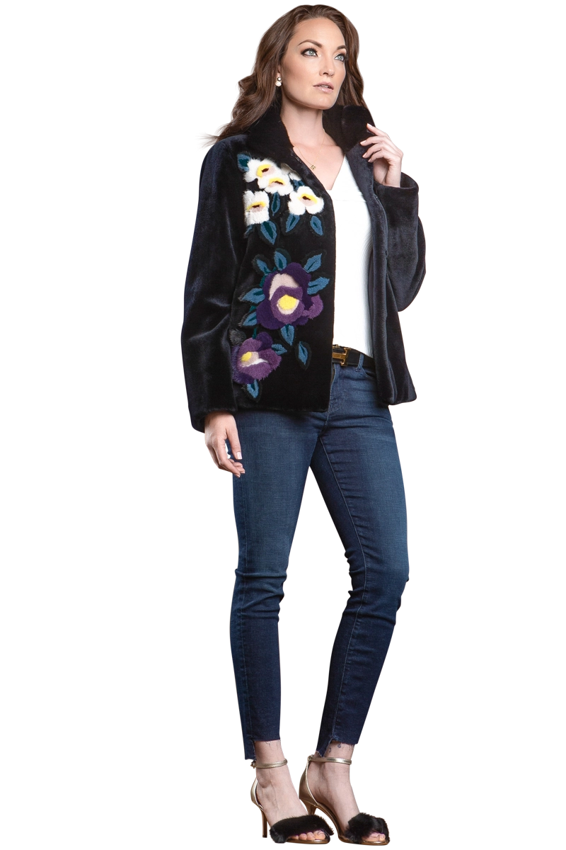 NavyBlue Floral Sheared Mink Fur Jacket