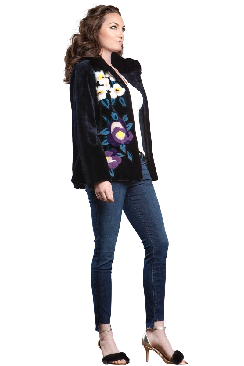 NavyBlue Floral Sheared Mink Fur Jacket