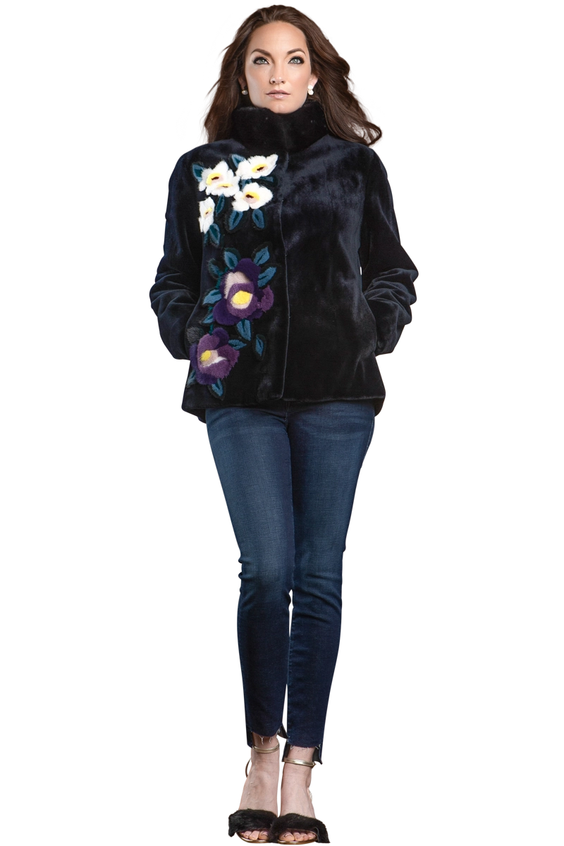 NavyBlue Floral Sheared Mink Fur Jacket