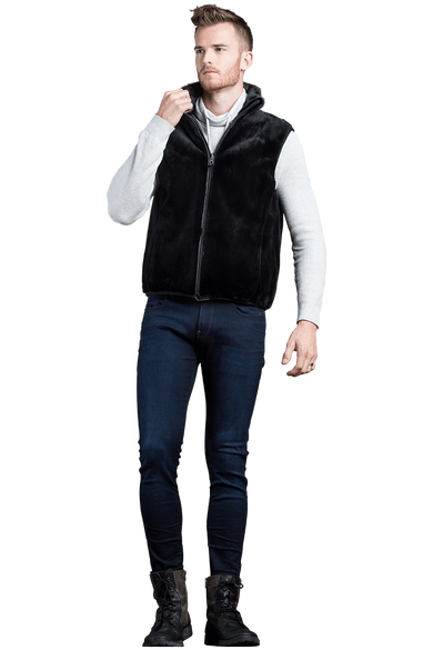 Men's 2 in 1 Camo Print Hooded Shell Jacket-Reversible Zip-Out Black Plucked Mink Fur Vest