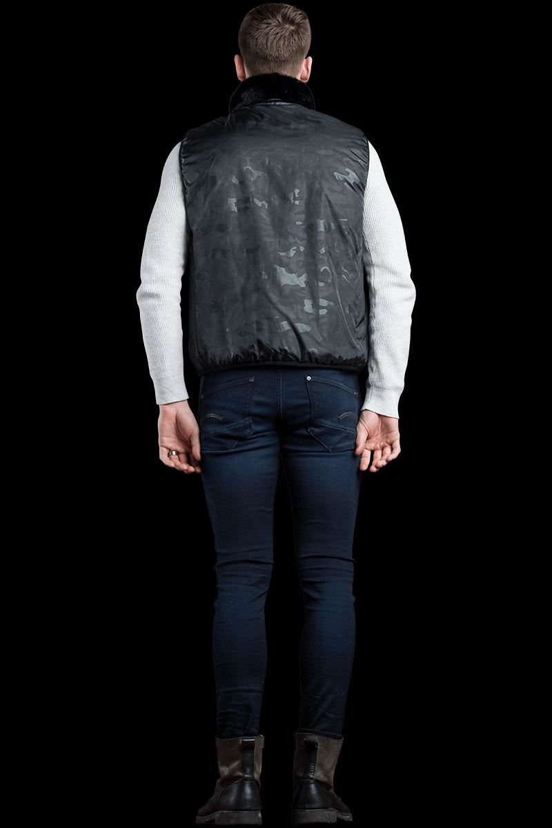 BlackCamo EM-EL Men's 2 in 1 Camo Print Hooded Shell Jacket-Reversible Zip-Out Black Plucked Mink Fur Vest