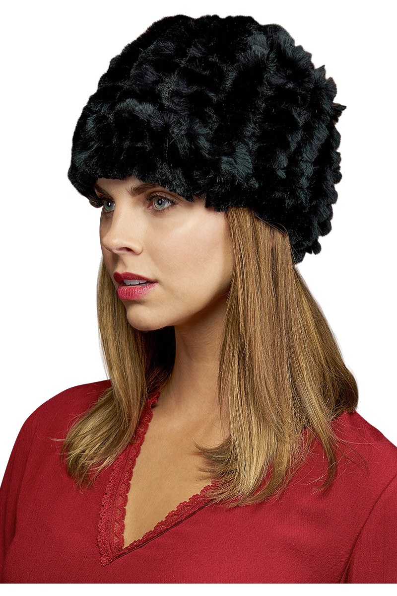 BLACK EM-EL Rex Rabbit Knitted Fur Cap MODEL SIDE VIEW