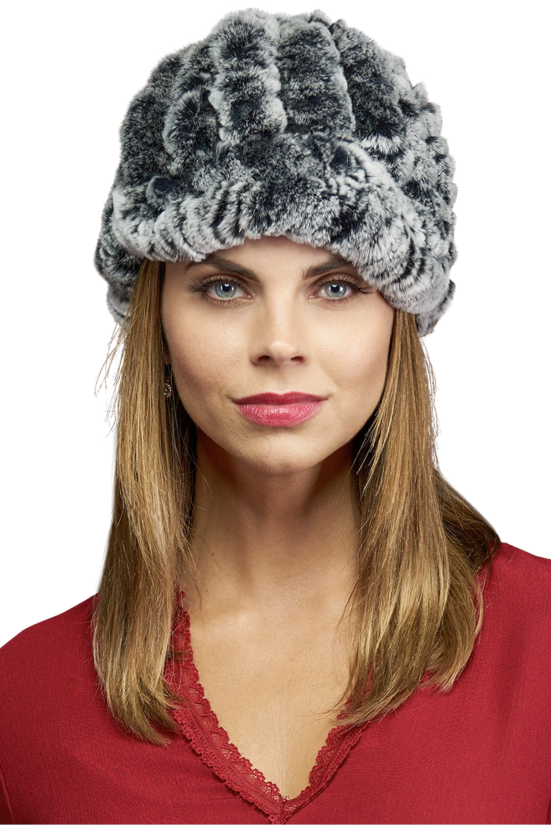 Gray EM-EL Rex Rabbit Knitted Fur Cap MODEL ZOOM FRONT VIEW