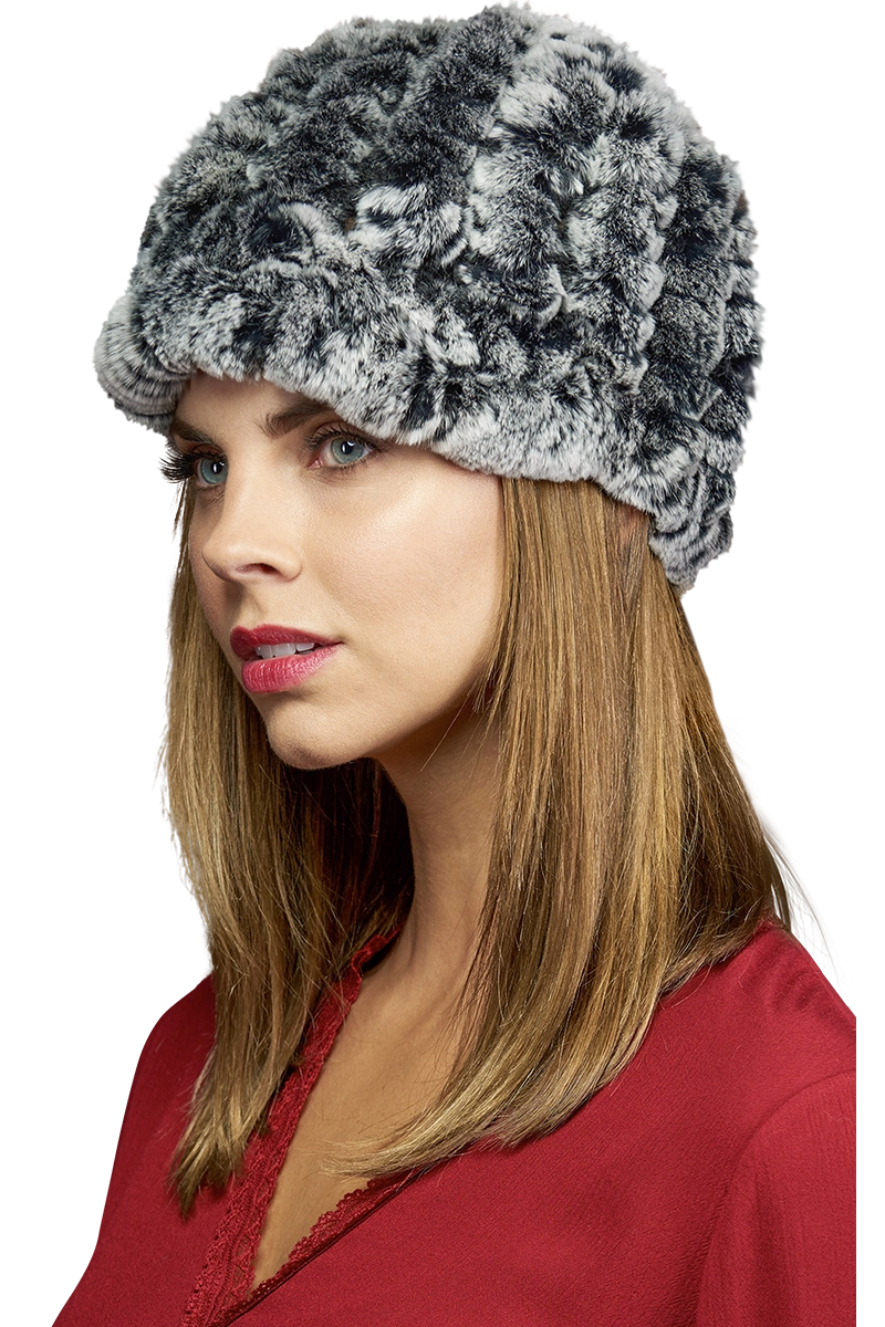 Gray EM-EL Rex Rabbit Knitted Fur Cap MODEL SIDE VIEW