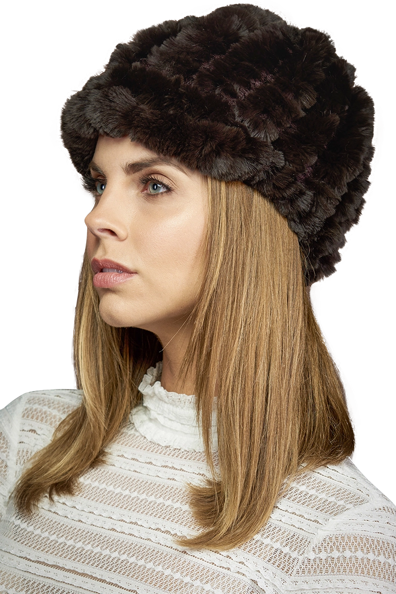 BROWN EM-EL Rex Rabbit Knitted Fur Cap MODEL SIDE VIEW