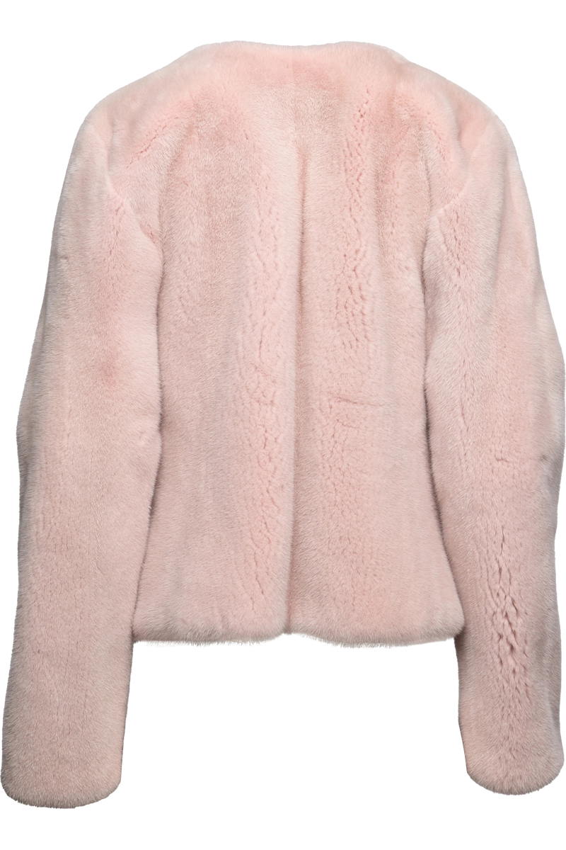 Pologeorgis For Em-El Women's Fitted Crew Neck Pink Mink Fur Jacket Product Back View