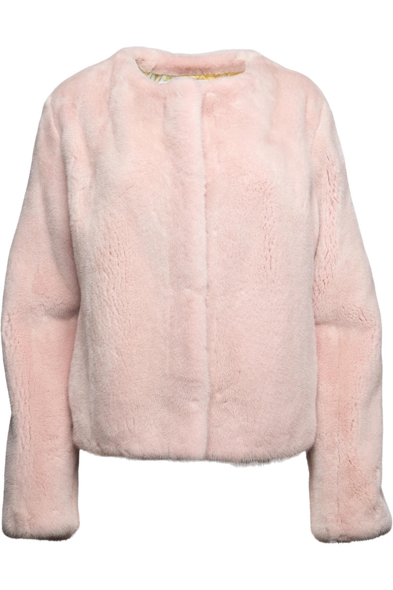 Pologeorgis For Em-El Women's Fitted Crew Neck Pink Mink Fur Jacket Product Front View