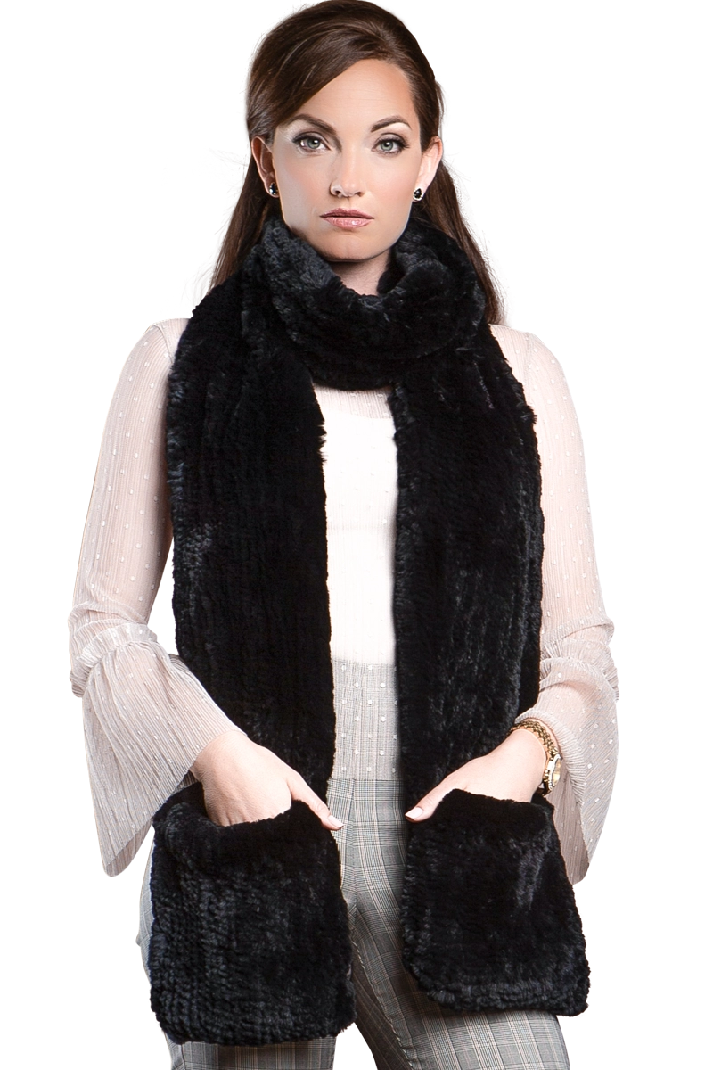 Black EM-EL Rex Rabbit Knitted Poche Scarf with Pockets