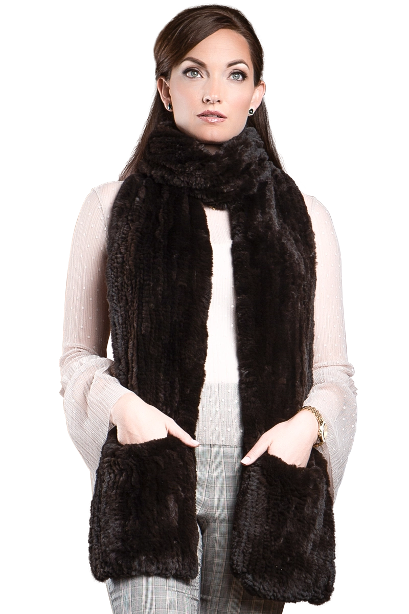 Brown EM-EL Rex Rabbit Knitted Poche Scarf with Pockets