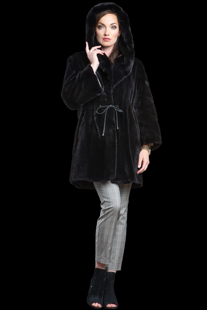 Black Zandra Rhodes Hooded Plucked Mink Mid-Length Fur Anorak