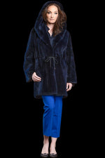 NavyBlue Zandra Rhodes Hooded Plucked Mink Mid-Length Fur Anorak