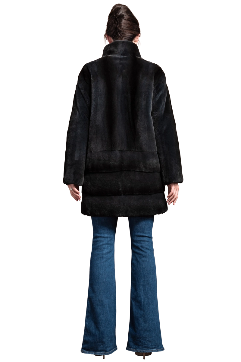 NavyBlue EM-EL Reversible Striped Mid Length Plucked Mink Fur Coat