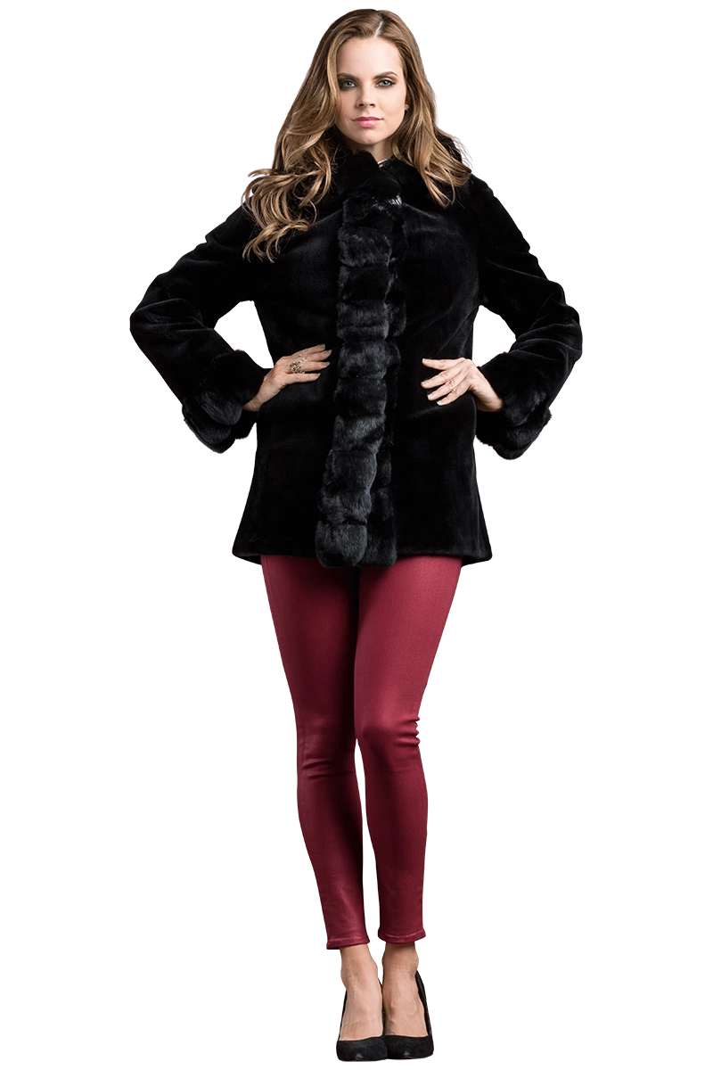 BLACK EM-EL HOODED REVERSIBLE SHEARED MINK AND CHINCHILLA FUR JACKET MODEL FRONT VIEW