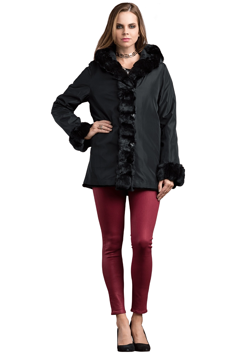 BLACK EM-EL HOODED REVERSIBLE SHEARED MINK AND CHINCHILLA FUR JACKET MODEL FRONT VIEW