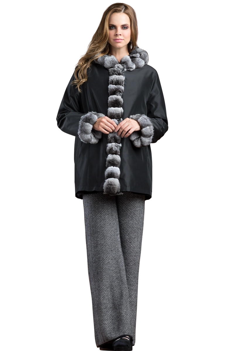 BLACK/GRAY EM-EL HOODED REVERSIBLE SHEARED MINK AND CHINCHILLA FUR JACKET MODEL FRONT VIEW