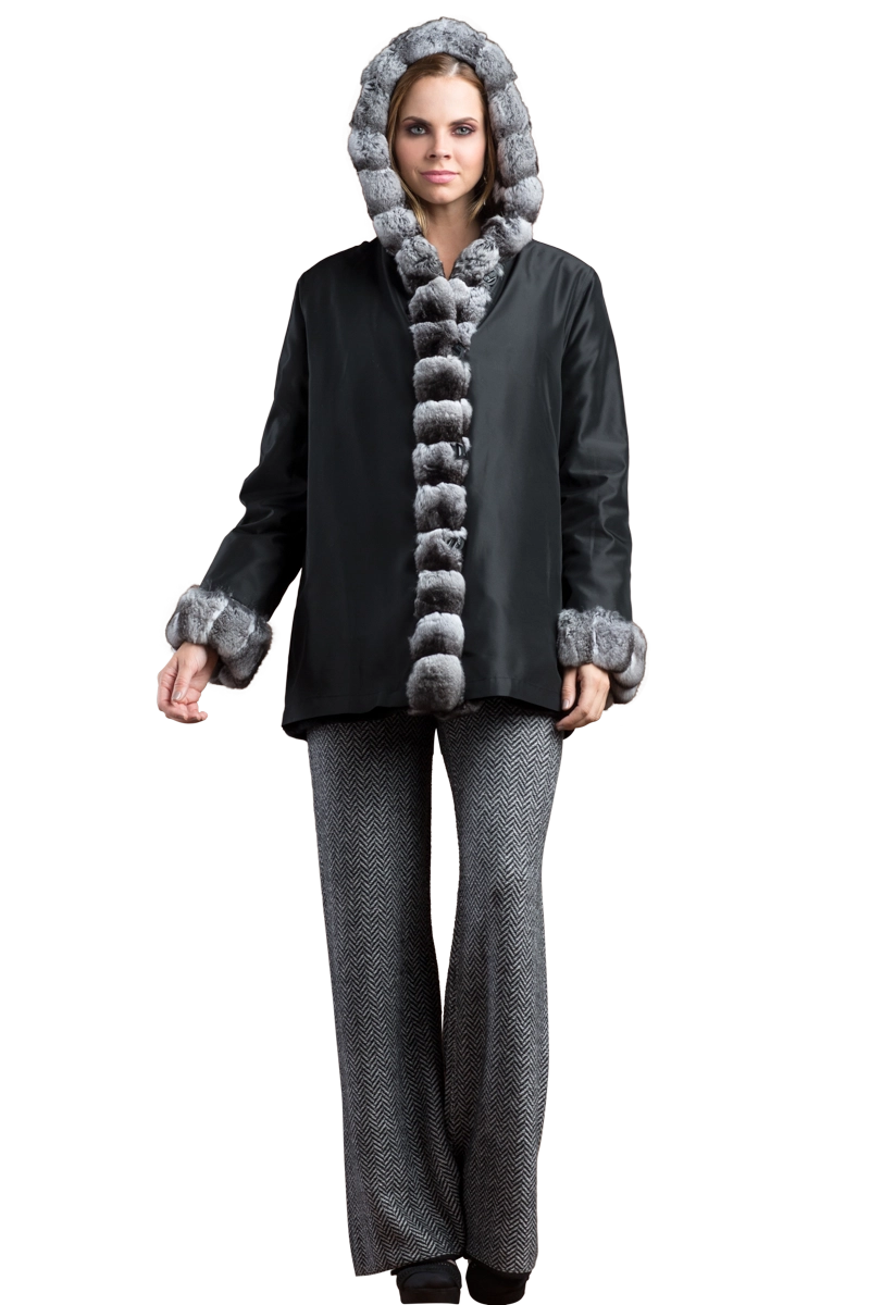 BLACK/GRAY EM-EL HOODED REVERSIBLE SHEARED MINK AND CHINCHILLA FUR JACKET MODEL FRONT VIEW